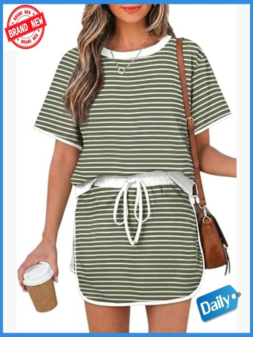Women's 2 Piece Skort Set Color Block Short Sleeve Top Drawstring Skort